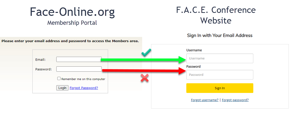 Screenshot instructing users to direct their face-online.org membership email into the conference website